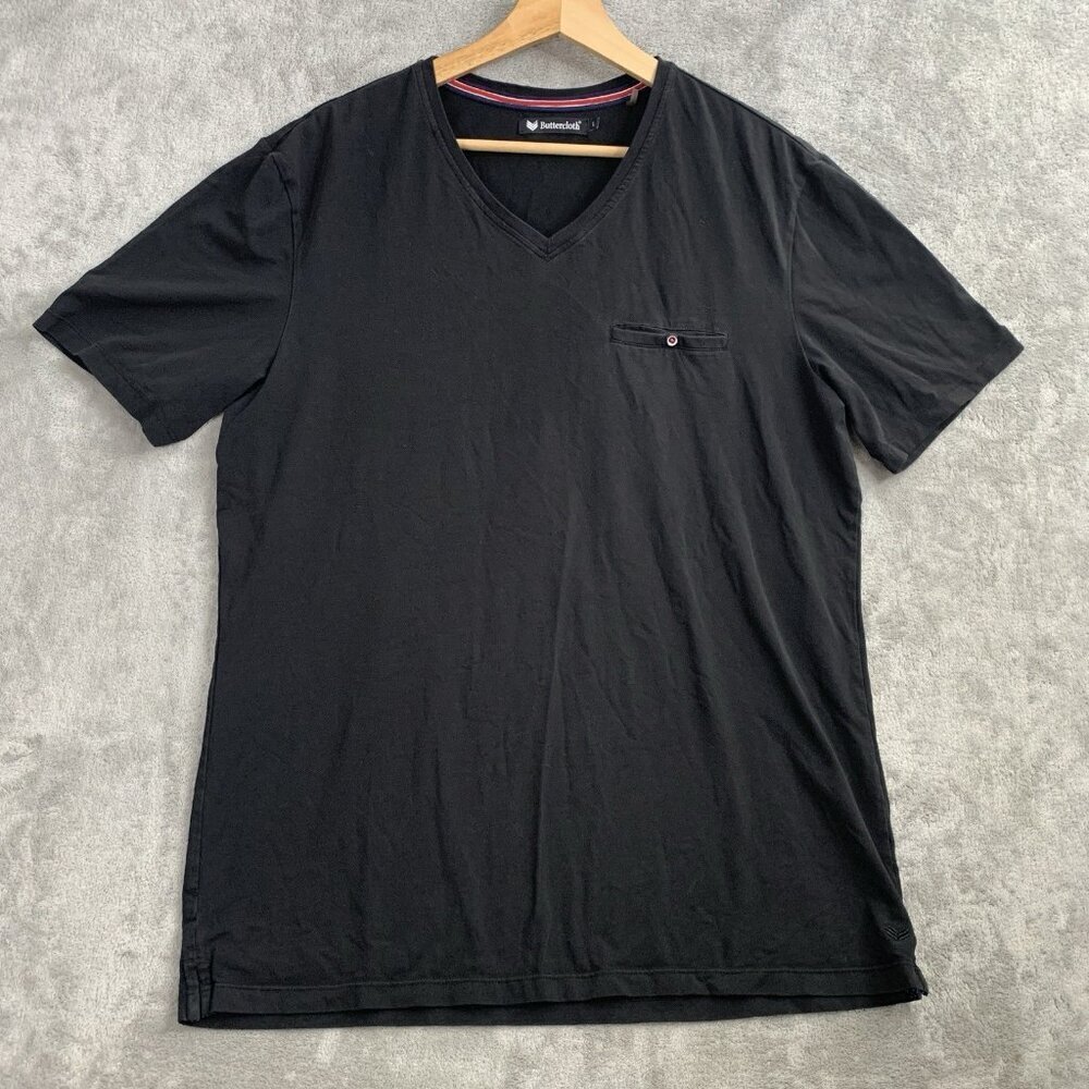 Buttercloth Shirt Mens Large Black Lightweight Soft Stretch Pocket V Neck Preppy